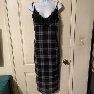 Black & Blue Plaid Midi City Chic Slip Dress w/Eyelash Lace With Side Slits 16